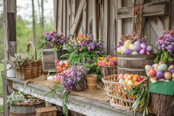 Fototapeta na wymiar Rustic Easter arrangement with colorful eggs and fresh spring flowers against wood