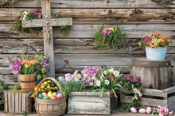Fototapeta na wymiar Rustic Easter arrangement with colorful eggs and fresh spring flowers against wood