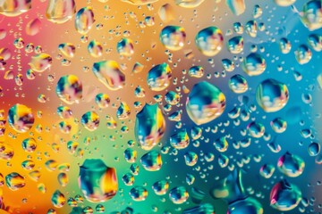 Vibrant painting of water droplets with a rainbow background. Captivating artistry and vivid colors.