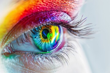 Vibrant eye illustration with an iris in rainbow hues. Striking and imaginative depiction.