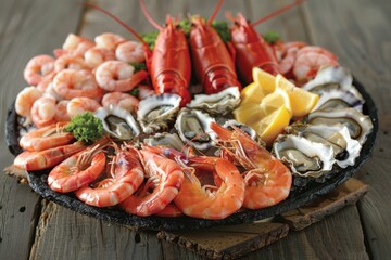 Assortment of seafood with oysters and shrimps on a rustic table, ideal for culinary themes