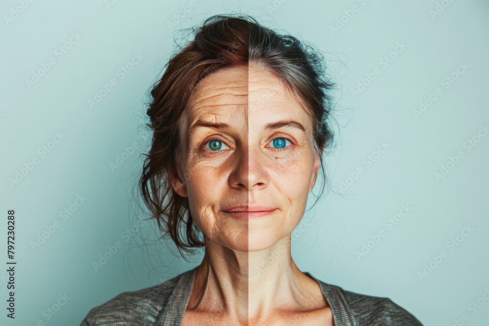 Poster face in regimen settings restores skin through visual metaphors, focusing on halves and skin symmetr
