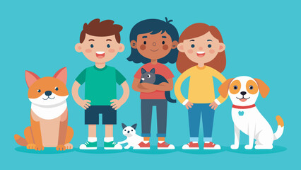Pets including children vector illustration