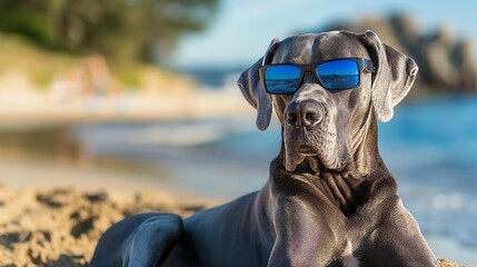 A Black Great Dane relaxing on a Southern California beach in sunglasses