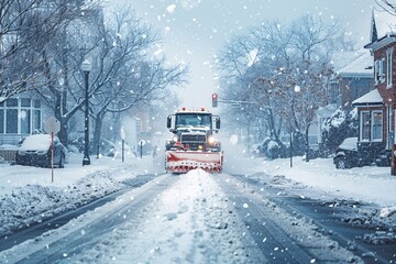 A snowplow or snow plow working to remove snow from a road after a winter storm. Winter road clearing