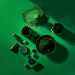 Spirulina in various forms (powder, tablets) on a glowing neon green background
