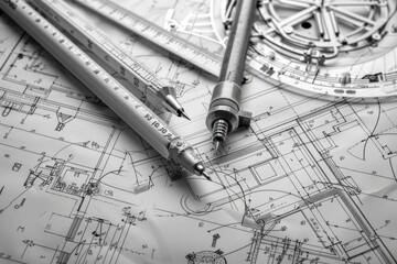 A set of drafting tools are laid out on a piece of paper with a drawing of a bui
