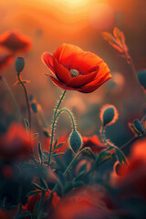A vibrant red poppy flower stands out against the soft glow of an orange sunset, with other flowers in the soft blurry focused background creating a dreamy and ethereal atmosphere. 