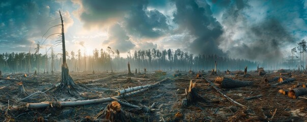Post-wildfire forest landscape at sunrise