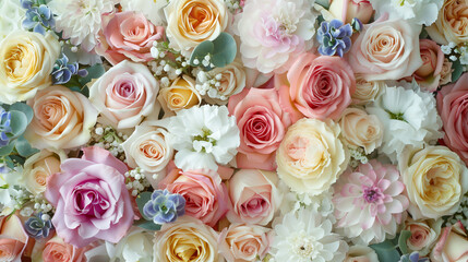 a gorgeous bouquet of garden roses of different varieties in a delicate light peach color scheme with purple notes
