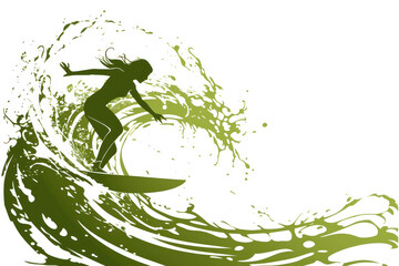 Green illustration of a surfer catching and riding the ocean wave