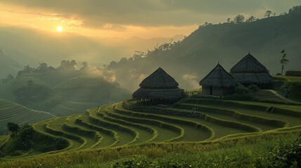 Minimalist terraced fields at sunrise with small huts, stepped patterns in medium telephoto lens - obrazy, fototapety, plakaty