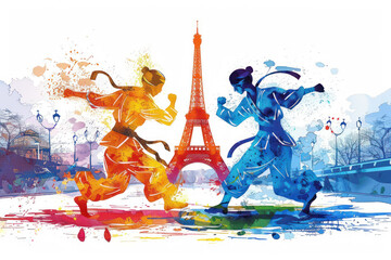 Colorful watercolor paint of judo athlete in action by eiffel tower