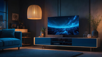 Smart tv in modern living room interior design, 3d render. Generative ai.
