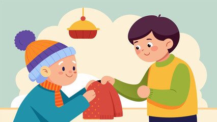 A young boy enthusiastically tries on a handknitted hat while the elderly seller fondly recalls memories of her own grandson and how she began. Vector illustration
