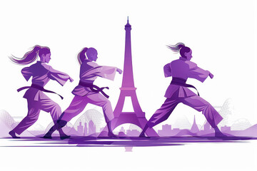 Purple watercolor paint of judo athlete in action by eiffel tower
