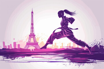 Purple watercolor paint of judo athlete in action by eiffel tower