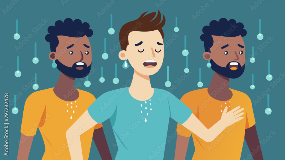Poster beads of sweat drip down the faces of a group of men who are fully immersed in an intense and invigo