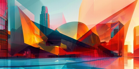 A colorful cityscape with a large building in the center - Powered by Adobe
