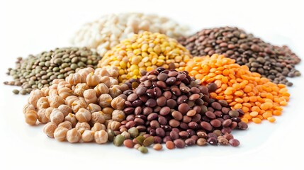 Wholesome legumes composition, including lentils, chickpeas, and beans, showcased for their essential nutrients, on a pristine isolated background