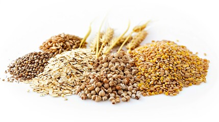 Wholesome image of a variety of grains like barley, bulgur, and oats, emphasizing their nutritional value, perfect for health-centric ads, isolated, studio lighting