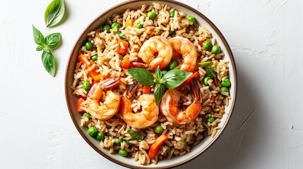 Wholesome fried rice featuring brown rice, vibrant vegetables like peas and carrots, and lean shrimp, minimally cooked with sesame oil, top view, isolated background