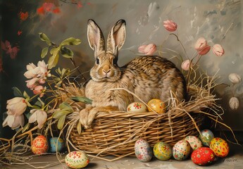 Traditional Easter Bunny with colorful Easter eggs. Happy easter