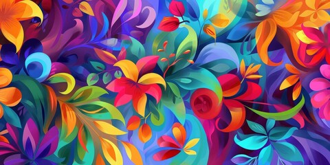 Floral Symphony: A captivating painting of three flowers in a row against a serene blue background. Nature's harmonious palette. - obrazy, fototapety, plakaty