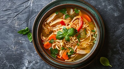 Wholesome Chicken Noodle Soup from above, rich in vegetables and fiber with whole wheat noodles, cooked in low-sodium broth, studio-lit isolated background