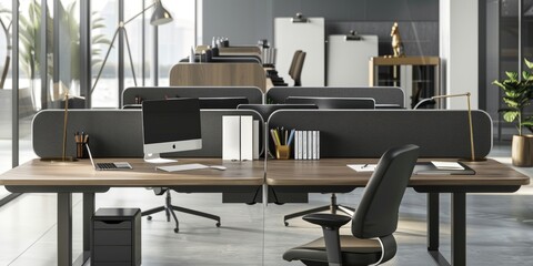 Efficiency at Work: A neatly arranged desk with essential tools computer, keyboard, mouse, and an illuminating desk lamp. A recipe for success.