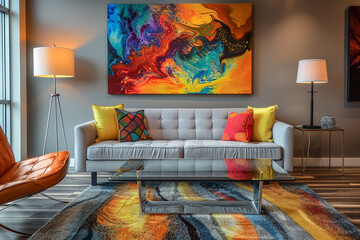 A contemporary living room with a modern sofa chair positioned against a backdrop of vibrant artwork, adding a burst of color to the space.