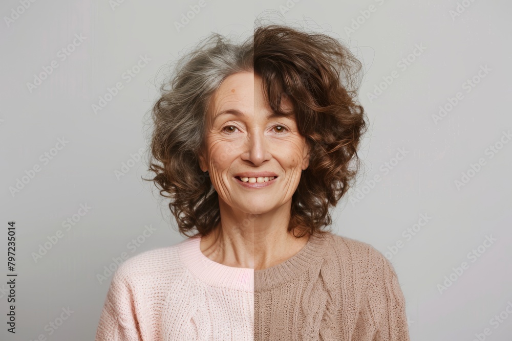 Poster transitioning wrinkle illustrations in wellness strategies for aging dualities, portraying smoothing