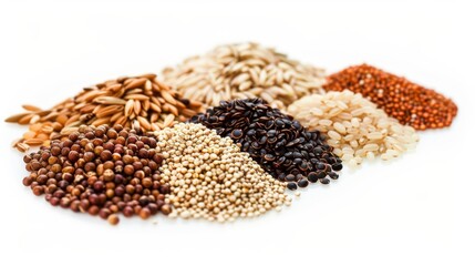 Vibrant display of whole grains, including quinoa, brown rice, and barley, celebrated for their vitamins and minerals, on an isolated background, studio light
