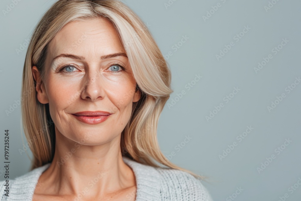 Poster portraying formulas appearances in aging process management, visually splitting aging halves in skin