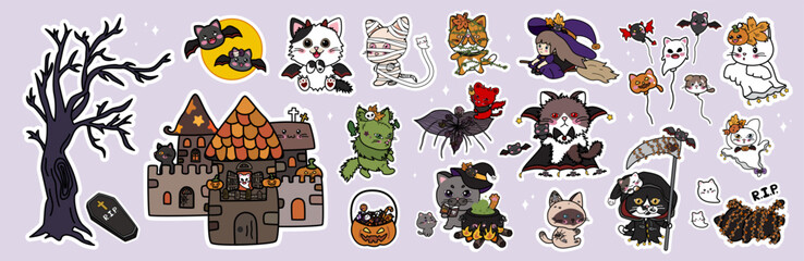 Halloween sticker design of cat on violet background vector illustration