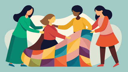 Some of the women offer to help each other finish their quilts forming a network of support and friendship.. Vector illustration