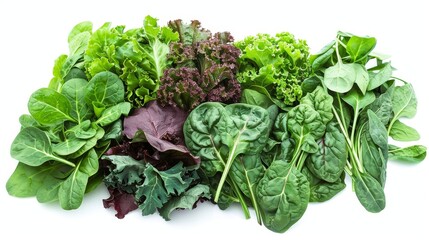 Vibrant display of healthy leafy greens like spinach, kale, and arugula, showcasing their lush textures and deep colors, packed with antioxidants, isolated setting