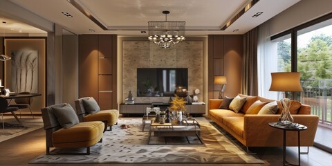 A warm and inviting living room adorned with plush furnishings, soft lighting, and rustic accents. A haven of comfort and charm.