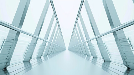 An algorithmic bridge emerges, its lines precise and mathematical. The colors are muted--grays, silvers, and soft blues. Against the white background, the bridge appears almost abstract