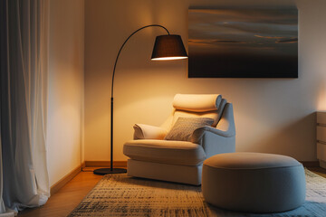 A cozy corner featuring a modern sofa chair nestled beside a floor lamp, creating a tranquil spot for evening relaxation.