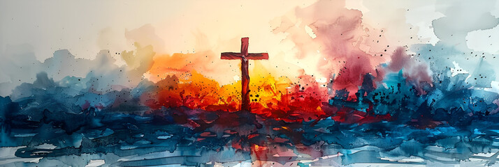 burning fire in the sky,
Cross of Christ in Abstract Watercolor Painting