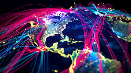 Neon-colored pathways of data crisscrossing the globe, illustrating the interconnectedness of modern communication networks and the flow of information across continents and regions