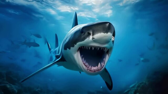 Big White shark swimming open closing jaws