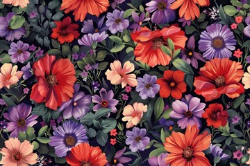 Ravishing Bouquet: A captivating flowery pattern showcasing a stunning array of purple and red flowers. A feast for the eyes and soul. - obrazy, fototapety, plakaty