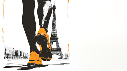 Orange illustration of woman legs running sport at eiffel tower paris