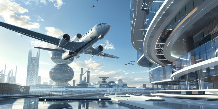 Urban Skies: A majestic white airplane soaring over a cityscape adorned with towering buildings. Where dreams take flight.