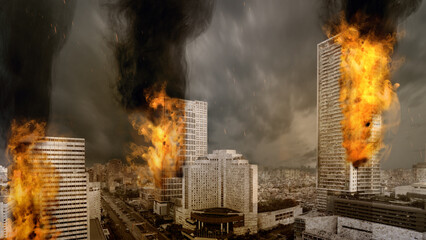 View of building on fire in the city. War background concept.