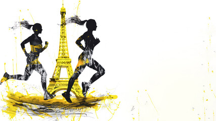 Yellow watercolor paint of runners athlete exercise by eiffel tower