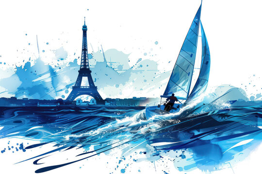 Blue watercolor paint of sailor athlete on race boat by eiffel tower