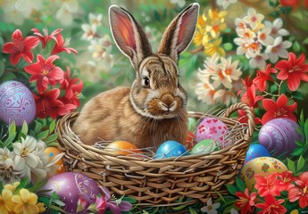 Fototapeta na wymiar Traditional Easter Bunny with colorful Easter eggs. Happy easter